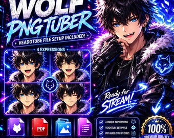 Lobo PNGTuber / Avatar masculino furry de Veadotube / Lobo prefabricado con 4 expresiones / Paquete para streamers de Twitch de OBS