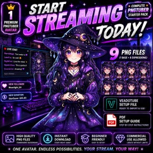 May include: A digital PNGTuber starter pack featuring a purple and black witch-themed avatar with a starry hat, nine expression files, a Veadotube setup file, and a PDF guide. The graphic includes text reading START STREAMING TODAY and 9 PNG FILES.