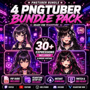 May include: A digital art bundle pack with four anime-style avatars, each with unique expressions. The image features the text "4 PNGTUBER BUNDLE PACK" and "30+ EXPRESSIONS INCLUDED!" in a neon purple and pink color scheme. Includes PDF guide and instant download.