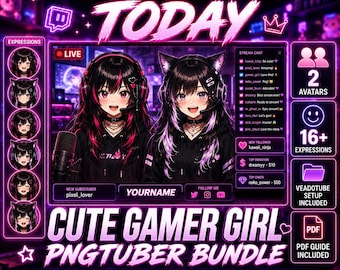 Paquete PNGTuber de Chica Gamer de Anime / 2 Lindos Avatares de Veadotube + 16 Expresiones / Paquete de Streamer PNG Reactivo Descarga Instantánea