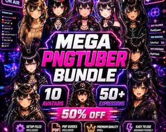 Paquete definitivo PNGTuber Mega Bundle / 10 Mini Avatares Veadotube + 50 Expresiones / Paquete Anime Gamer VTuber para Twitch YouTube OBS Descarga instantánea