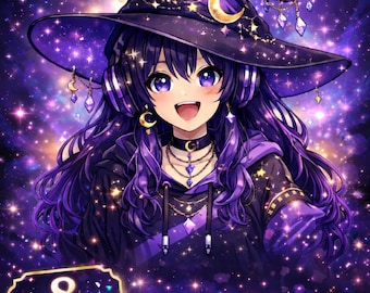 Paquete de 8 expresiones de avatar de bruja mágica PNG Tuber / Avatar de VTuber de anime PNG / Avatar de transmisor de Twitch / Tuber de jugador de fantasía PNG