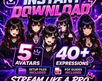 Paquete de PNGTuber femeninas / PNG Tuber gamer / 6 avatares de streamer de anime + 40 expresiones / Mini PNG reactivo de Veadotube para Twitch, YouTube y OBS