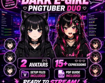 Paquete Dark E-Girl PNGTuber / 2 avatares de streamer de anime + 15 expresiones / Paquete VTuber Mini listo para Veadotube para Twitch YouTube OBS