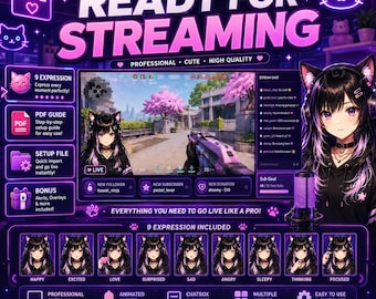 Avatar de chica gamer en tonos pastel para PNGTuber / 9 expresiones de anime (descarga digital)