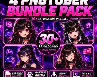 Paquete PNGtuber con más de 30 expresiones / Paquete de avatares de chicas gamers de anime / Mini avatar femenino para streaming en Twitch, YouTube y OBS (descarga instantánea)
