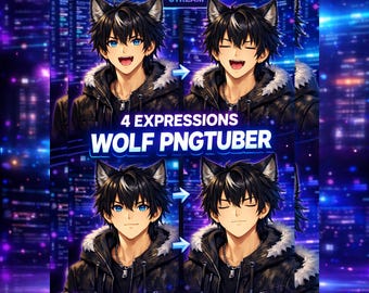 Wolf Boy PNGTuber para OBS / 4 expresiones / Tuber PNG masculino prediseñado / Superposición de transmisión / PNG transparente / Guía PDF