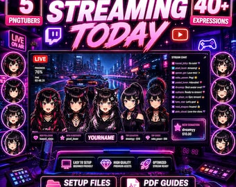 Paquete PNGTuber de Chica Gamer de Anime / 6 Lindos Avatares de Videotube + 40 Expresiones / Descarga instantánea de PNG reactivos para VTuber de Twitch