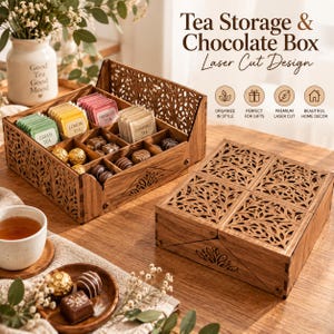 May include: A wooden tea storage and chocolate box featuring a laser-cut leaf pattern. The open box contains tea bags labelled Green Tea, Lemon Tea, Hibiscus Tea, and Chamomile Tea, alongside assorted chocolates. A matching lid is placed beside it.