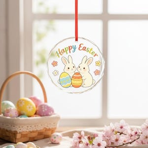 Happy Easter Crystal Glass Ornament,Cute Bunny with Easter Eggs Decor,Easter Basket Stuffer,Classroom Decor,Gift for Kids