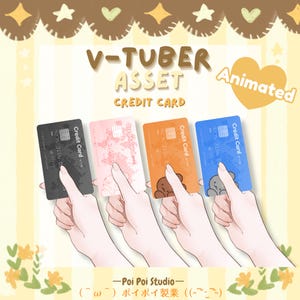 Può includere: Quattro carte di credito digitali per V-tuber in nero, rosa, arancione e blu. Ogni carta presenta un chip, un numero e il testo V-TUBER ASSET CREDIT CARD e Animated. Le carte sono tenute da mani illustrate su uno sfondo giallo.