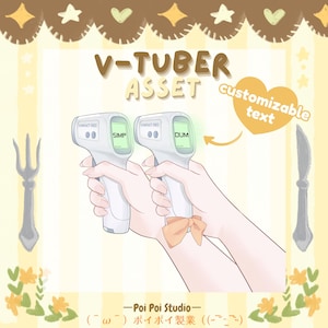 Puede incluir: Ilustración digital de dos termómetros infrarrojos blancos sostenidos por manos. La pantalla de un termómetro muestra el texto SIMP y la otra muestra DUM. La imagen incluye el texto V-TUBER ASSET y customizable text con una flecha hacia la pantalla.