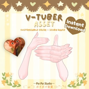 Puede incluir: Activo digital de V-Tuber con color personalizable y tema de baile de buceo. La imagen presenta manos estilizadas, un gráfico en forma de corazón y las palabras "Descarga instantánea". El diseño incluye texto en inglés y japonés.