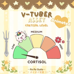 Puede incluir: Un gráfico animado V-tuber asset titulado V-TUBER ASSET CORTISOL LEVEL. Muestra un medidor con una aguja en la sección verde baja, un gato de dibujos animados con gorra de hélice y un símbolo de estrés alto. Texto: CORTISOL y Poi Poi Studio.