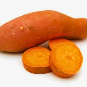 May include: A whole raw sweet potato with copper-coloured skin positioned behind two thick, circular slices of the same vegetable, revealing a bright orange interior flesh with a fibrous texture and a slightly moist appearance on the cut surfaces.