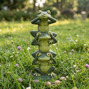 Puede incluir: Una pila vertical de tres figuras de ranas verdes. La rana superior cubre su boca con las manos, la rana del medio cubre sus oídos con las manos y la rana inferior cubre sus ojos con las manos. Cada rana tiene ojos amarillos y piel texturizada.