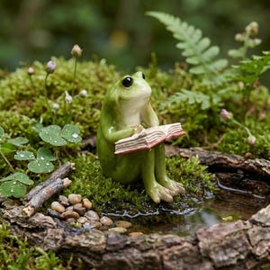 Könnte beinhalten: Eine grüne Keramik-Froschfigur liest ein Buch mit rotem Buchrücken, platziert auf Moos und Grün. Der Frosch befindet sich in der Nähe eines kleinen Wasserbeckens mit kleinen Steinen, was eine skurrile Gartenszene schafft.
