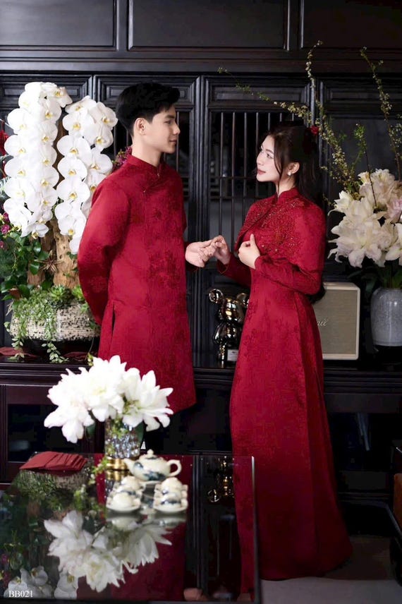 vietnamese engagement dress Red Vietnamese Áo Dài Bridal Set, Embroidered Bolero, Custom Engagement Dress