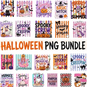 May include: A digital collection of Halloween-themed graphic designs featuring ghosts, pumpkins, black cats, witches, and seasonal text like Spooky Season, Spooky Crew, and Mama Needs a Magical Brew, arranged in a grid with orange, purple, and black stripes.