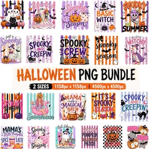 Op de afbeelding: Een digitale collectie Halloween-thema grafische ontwerpen met spoken, pompoenen, zwarte katten, heksen en eenden. De illustraties bevatten teksten zoals Spooky Season, Basic Witch, Spooky Crew en Mama Needs a Magical Brew op gestreepte achtergronden.