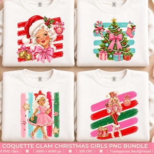 Può includere: Quattro felpe bianche a girocollo con stampe grafiche a tema natalizio. I disegni includono una donna con cappello da Babbo Natale, un albero di Natale decorato, una ragazza in abito rosa e un outfit ispirato allo schiaccianoci.