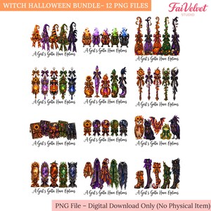 Puede incluir: Un paquete digital de 12 archivos PNG con ilustraciones de brujas para Halloween que incluyen sombreros, calderos, escobas, linternas, pociones, varitas, libros, bolas de cristal, animales, espejos, capas y botas, con el texto A Girl's Gotta Have Options.