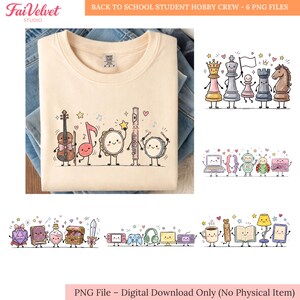 Può includere: Una t-shirt beige chiaro con una grafica di strumenti musicali antropomorfi tra cui un violino, una nota musicale, un tamburello, un flauto e un tamburo. L'immagine mostra anche cinque file aggiuntive di simpatici personaggi illustrati a tema hobby.