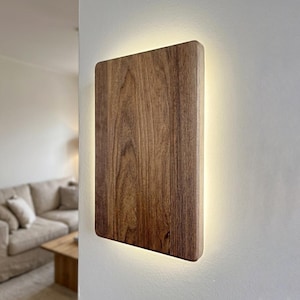 Rustic walnut oak or ash rectangular sconce Scandinavian solid wood wall light Halo aura lighting for bedroom, over nifght stand Dimmable