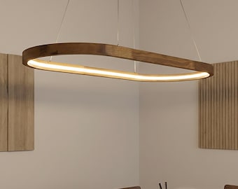 Minimalist modern solid wood linear LED lamp for office Scandinavian handmade wooden light fixture  Oval oak chandelier Adjustable dimmable