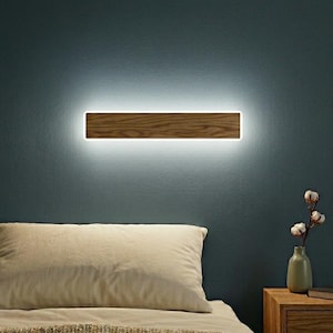 Solid oak walnut wall sconce Horizontal over bed night ligth Touch dimmable