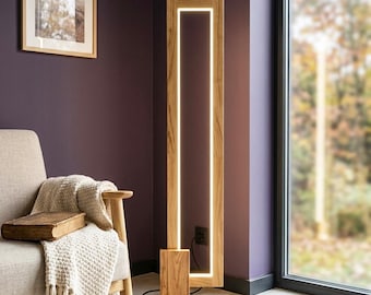 Luminária de chão retangular em madeira maciça para sala de estar, estilo escandinavo, com sensor de toque no pé. Disponível em carvalho, nogueira e freixo naturais.