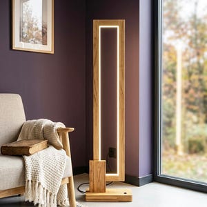 Solid wood floor lamp for living room Rectangular Scandinavian wooden corner light Touchless foot sensor Natural oak walnut ash