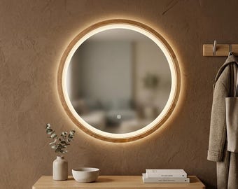 Runder Kosmetikspiegel aus Eiche, Walnuss und Esche mit Beleuchtung. Handgefertigter Badezimmerspiegel aus Holz im Rahmen. LED-hinterleuchteter Wandspiegel.