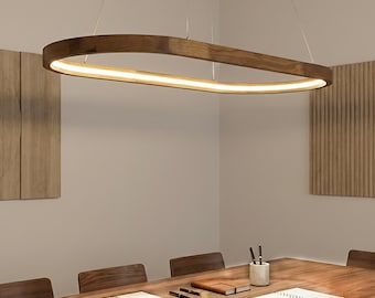 Minimalistische moderne Massivholz lineare LED Lampe für Büro Skandinavische handgefertigte Holzleuchte Eiche Eichelholz Kronleuchter Verstellbarer Draht