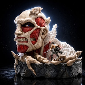 May include: A detailed collectible statue featuring a large, skinless Colossal Titan head with exposed red muscle tissue and white teeth, positioned behind a small figure of a soldier in a tan jacket holding a sword, all set on a dark base.