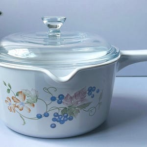 Może przedstawiać: Biały ceramiczny rondel z długą rączką i przezroczystą szklaną pokrywką. Zewnętrzna strona ozdobiona jest botanicznym wzorem przedstawiającym pomarańczowe kwiaty, zielone liście i kiście niebieskich winogron oraz posiada dzióbek do nalewania.
