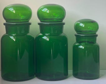 Vintage Belgian Green Glass Apothecary Jars Trio – Bubble Top Storage