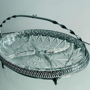 Vintage Queen Anne 4-Section Divided Glass Dish  Mayell Silver Plated Relish Tray
