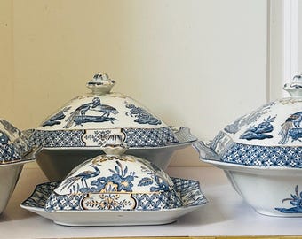 Wood and Sons Yuan Tureen Set of 4, Blue White Chinoiserie Transferware China