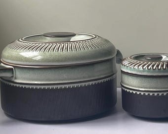 Jarra de mermelada y cazuela con tapa de gres estilo arabesco vintage de Denby, década de 1970, esmalte marrón.