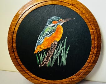 Vintage Kingfisher Plaque | Detailed British Bird Art, Oak Frame, Nature Decor