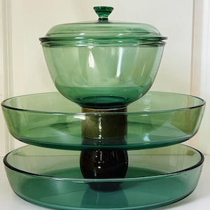 Zestaw naczyń do pieczenia Pyrex France Green Glass w kolorze zielonym – 1 głęboka miska z pokrywką i 2 owalne brytfanny