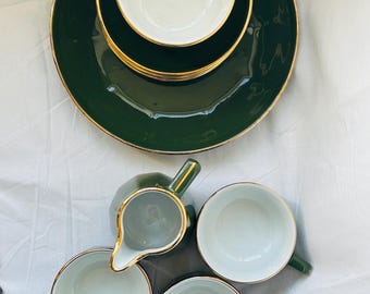 Juego de té vintage Apilco Empire de porcelana verde – Colección Limoges Bistro de 10 piezas