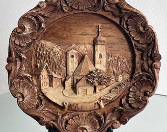 Vintage Austrian Carved Wood Wall Plaque St Anton am Arlberg Alpine Church 22cm