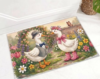 Cute Goose Doormat, Cottage Garden Welcome Mat for Porch, Spring Floral Entry Rug, Farm Animal Decor, Housewarming Gift for Goose Lovers