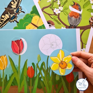 Könnte beinhalten: Bunte Papierauschnitte von Blumen, Schmetterlingen und Vögeln. Das Bild zeigt eine gelbe Narzisse, eine rote Tulpe und einen Schmetterling mit schwarz-gelben Flügeln. Der Hintergrund ist hellblau und grün.