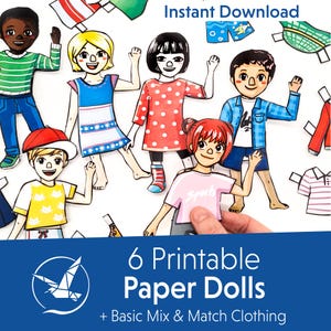 Könnte beinhalten: Illustration von sechs ausdruckbaren Papierpuppen mit Mix-and-Match-Kleidung. Die Puppen sind im Cartoon-Stil dargestellt, jede trägt unterschiedliche Outfits. Das Bild enthält den Text "Instant Download" und "6 Printable Paper Dolls + Basic Mix & Match Clothing."