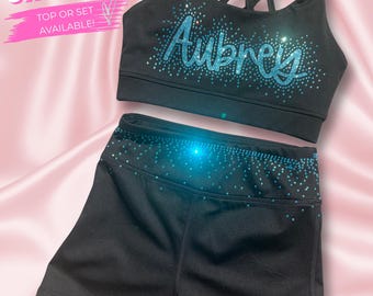 Top de animadora personalizado con pedrería, atuendo de competición de animadoras con purpurina, ropa de baile brillante para práctica, conjunto de regalo brillante