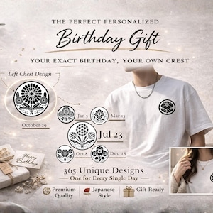 Camiseta personalizada con flores de nacimiento de 365 días, camiseta japonesa Kamon, escudo floral personalizado para el día de nacimiento, camiseta gráfica minimalista unisex, regalo