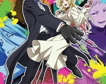 Puede incluir: Una portada de DVD para Marriage Toxin Vol. 1-13 End con personajes de anime sobre un fondo vibrante y multicolor con salpicaduras de pintura. Un hombre con traje negro y una mujer con vestido blanco están en el centro, ella sostiene un anillo.